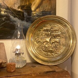 Antique Brass Articulated Ship Hammered English Brass Decor Wall Platter